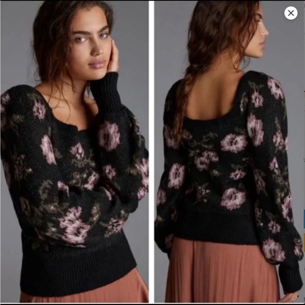Anthropologie Square Neck Puff Sleeve Floral Knit Sweater - Black and Pink